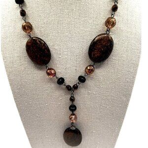 Elegant Faceted Brown & Black Beaded Necklace With Y-Drop  Stone Pendant